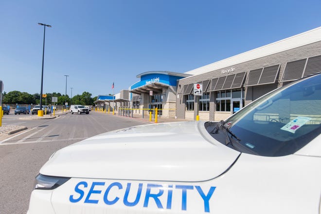 A security vehicle is seen at Walmart in Traverse City, which is closed to shoppers following an incident the previous weekend that injured 11 people on Monday, July 28, 2025.